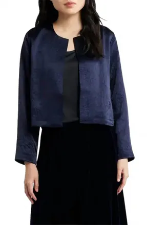 Eileen Fisher Round Neck Cropped Jacket In Ink