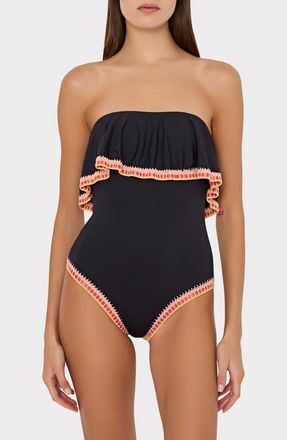 Milly Strapless Crochet Ruffle One-Piece Swimsuit in Black Multi at Nordstrom, Size X-Small