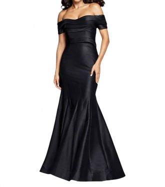 Jovani Pleated Off Shoulder Gown In Black