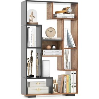 Costway Costway - Estanter&iacute;a De Madera, Librer&iacute;a Con 9 Compartimentos Abiertos, Estanter&iacute;a De Pie Geom&eacute;trica Moderna Con Kits Antivuelco Para Sala De Estar, O