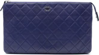 Chanel Pre-owned Womens Cc Quilted Lambskin Double Zip Pouch - Dark Blue Leather - One Size