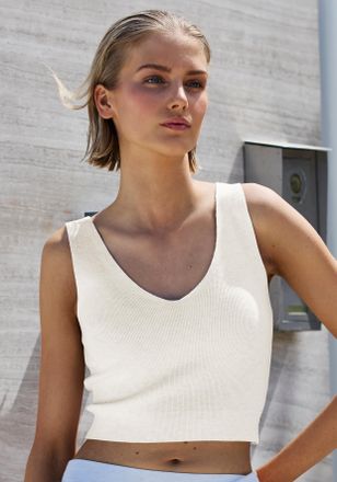 Copenhagen Stricktop COPENHAGEN STUDIOS, Damen, Gr. 32/34, creme, Rippstrick, Obermaterial: 50% Viskose, 28% Polyester, 22% Nylon, unifarben, figurbetont bauchfr