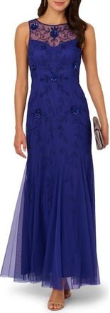 Adrianna Papell Beaded Appliqué Ruffle Crepe Gown in Royal Sapphire at Nordstrom, Size 14