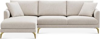 Castlery Lena Chaise Sectional Sofa Left Facing Customized, Performance Linen Weave, Light Grey, Brass Legs, Spill Resistant, Removable Covers for Castlery