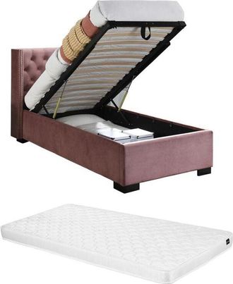 Vente-Unique Letto con contenitore con Testata trapuntata + Materasso - 90 x 200 cm - Velluto - Rosa - massimo