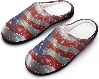Generic USA Flag Celebration Fireworks Womens Slippers Warm House Slippers Indoor House Shoes with Anti-Skid Rubber Sole