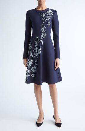 Lela Rose Peony Metallic Jacquard Long Sleeve Fit & Flare Dress in Navy at Nordstrom, Size Medium
