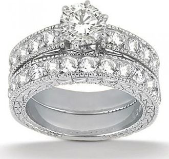 Allurez Antique Diamond Engagement Ring & Wedding Band 14k White Gold (1.70ct)