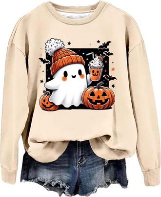 Generic Your Orders Deal of The Day Buy Again Halloween Sweatshirt For Women Cute Ghost Pumpkin Print Long Sleeve Pullover Tops Crew Neck Long Sleeve Blouse S