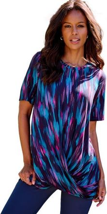 Roaman's Plus Size Crewneck Short Sleeve Crisscross Hem Tunic in Teal Multi Ikat Texture at Nordstrom, Size 40