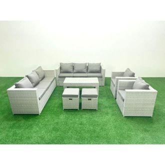 Fimous Outdoor Garden Furniture Rattan Sofa Set with 2 Armchairs Oblong Coffee Table 2 Small Footstools Light Grey Mixed - Fimous