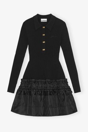 Ganni Black Rib Knit Ruffle Mini Dress