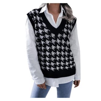 Generic Women V Neck Vest Retro Streetwear Houndstooth Plaid Sweater Preppy Style Sleeveless Knitted Vest Ladies Sleeveless Casual Jumper Pullover Autumn Tank