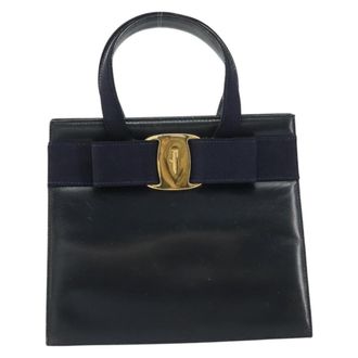 Ferragamo Convertible Vara Bow Tote Leather Navy Leather Handbag (Pre-Owned)