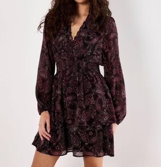 Apricot Batik Paisley Ruffle Detail Dress In Burgundy