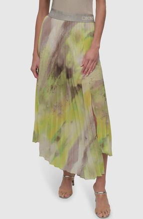 DKNY Print Pleated Asymmetric Midi Skirt in Watercolor at Nordstrom, Size X-Small