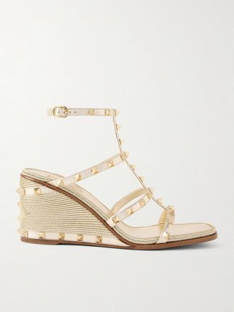 Valentino Garavani Sandali Espadrillas In Pelle Metallizzata Con Zeppa Rockstud - Oro