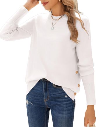 Zeagoo Jumpers for Women UK Long Sleeve Lightweight Jumper Round Neck Tops Casual Sweater with Side Buttons Soft Knitwear for Autumn Winter White XL
