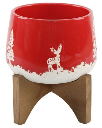 Flora Bunda 6 Red Ceramic Xmas Planter On Wood Stand