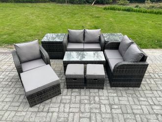 Fimous 8 Seater Rattan Outdoor Garden Furniture Sofa Set Patio Table & Chairs Set with 2 Side Tables 3 Footstools Dark Grey Mixed