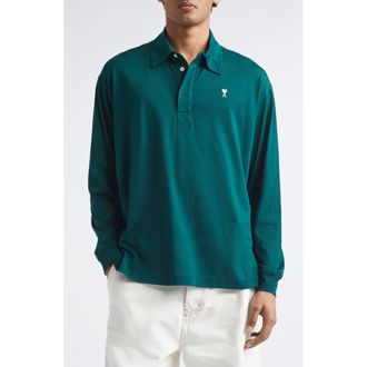 Ami Ami de Coeur Embroidered Long Sleeve Cotton Polo in Vert Sapin/Blanc Creme at Nordstrom, Size X-Large