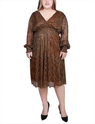 NY Collection Ny Collection Plus Size Mesh Dress Womens Bronze Plisse Long Sleeve FTS1462