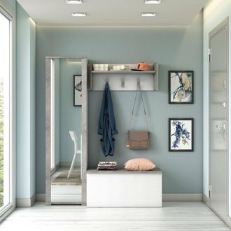 Dmora Dmora - Mueble De Entrada Mirtilla, Entrada Moderna Con Perchero, Mueble Con Zapatero, Mueble Con Espejo, Cm 50x32h182, Blanco Y Cemento, Con Embalaje