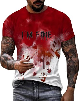 Generic Im Fine Bloody Blood Splatter Shirt 2025 Round Neck Tshirts Short Sleeve Oversized Crimson Blood Immersion Graphic Tee Horror Halloween Costume(ZZ1-Wh