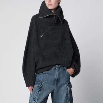 The Attico Maglione in lana e cashmere grigio scuro con zip asimmetrica