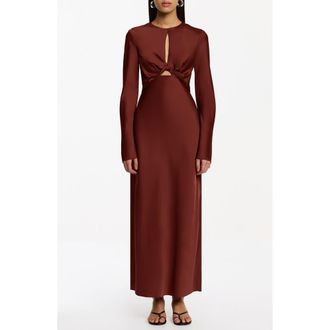 Significant Other Molly Cutout Twist Front Long Sleeve Satin Maxi Dress in Carob at Nordstrom, Size 10 Us