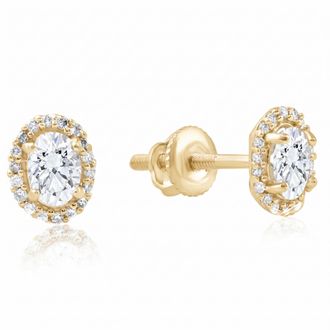 Pompeii3 1/2Ct TW Oval Shape Halo Diamond Studs 10k White or Yellow Gold Earrings