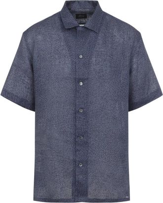 Brioni Cuban Linen Shirt - Heren - Korte mouwen Overhemden - Blauw - S - Linnen - Overhemden