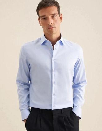 Seidensticker Seidensticker Mens Slim Fit Easy Iron Business Kent Contrast Patch Business Shirt Light Blue - Size: 40/Regular