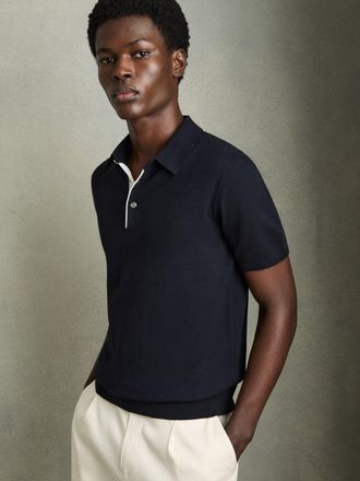 Reiss Navy Contrast-placket Polo Shirt With Cotton, XL