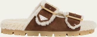 Prada Suede Shearling Lined Dual-Buckle Slide Sandals