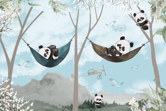 OEM Carta Da Parati Fotografica Per Bambini Con Allegri Panda Su Amache Sullo Sfondo Di Una Foresta E Montagne Dwk328 200x135