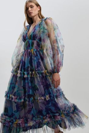 Karen Millen Womens Dusky Floral Tulle Balloon Sleeve Plunge Woven Maxi Dress - Navy - Size 10 UK