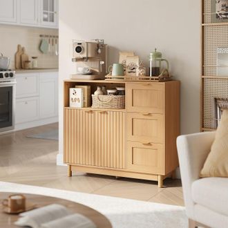 Woltu Woltu Aparador Con 3 Cajones, 2 Puertas Y 1 Compartimento Abierto, Estante Ajustable - Para Cocina Y Sala De Estar - Efecto Madera