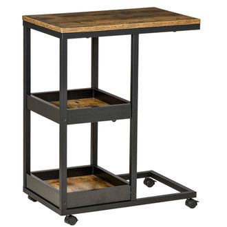 HOMCOM Industrial Mobile Sofa Side Table with 3-Tier Storage Shelving - 4 Lockable Wheels and Steel Frame for Bedroom - Brown Rustic - Home Living | TJ Hugh