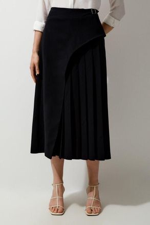 Karen Millen Buckle Detail Pleated Midi Skirt in Black at Nordstrom, Size 10