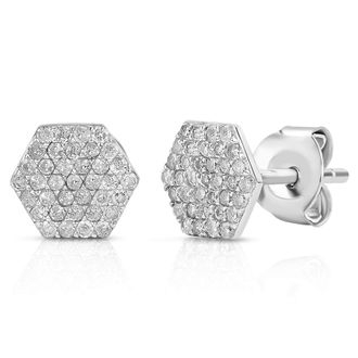 MAX + STONE Solid 10K White Gold 0.17 Carat Hexagon Real Diamond Cluster Stud Earrings