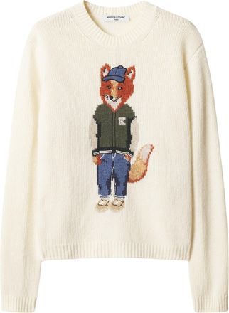 Maison Kitsun&eacute; Dressed Fox Intarsia Wool Jumper with Ribbed Neckline