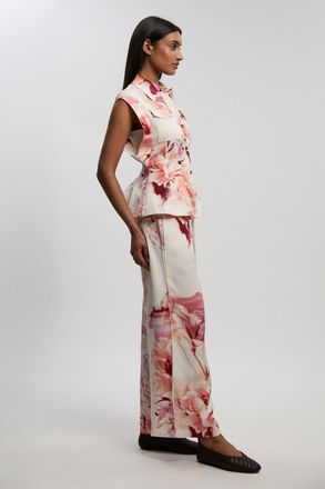 Karen Millen Womens Premium Viscose Linen Floral Woven Straight Leg Trouser - Size 16 UK