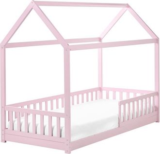 Beliani Cama Infantil En Forma De Casa Con Dosel De Madera De Pino Rosa Pastel 90 X 200 Cm Cossaye