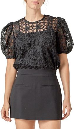 English Factory Floral Texture Puff Sleeve Top in Black at Nordstrom, Size X-Small