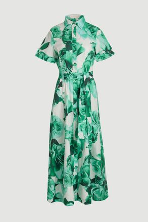 Karen Millen Womens Rose Print Cotton Sateen Floral Woven Belted Maxi Shirt Dress - Green - Size 10 UK