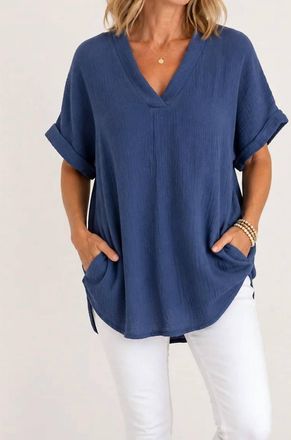 Apricot Cotton Gauze Pocket Tunic Top In Navy
