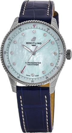 Breitling Navitimer 32 Quartz Ice Blue Mother of Pearl Diamond Dial Leather Strap Womens Watch A77320171C1P1