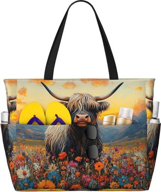 Generic Flower Highland Cow Print Large Beach Bag Foldable Travel Shoulder Tote Bag With Pocket For Weekender Pool Vacation