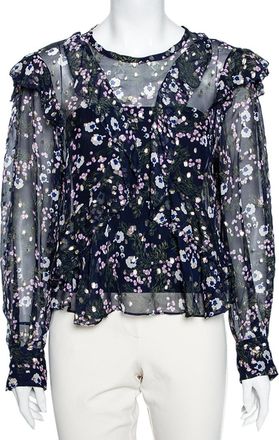 Isabel Marant Navy Blue Floral Printed Silk & Lurex Ruffle Trimmed Blouse